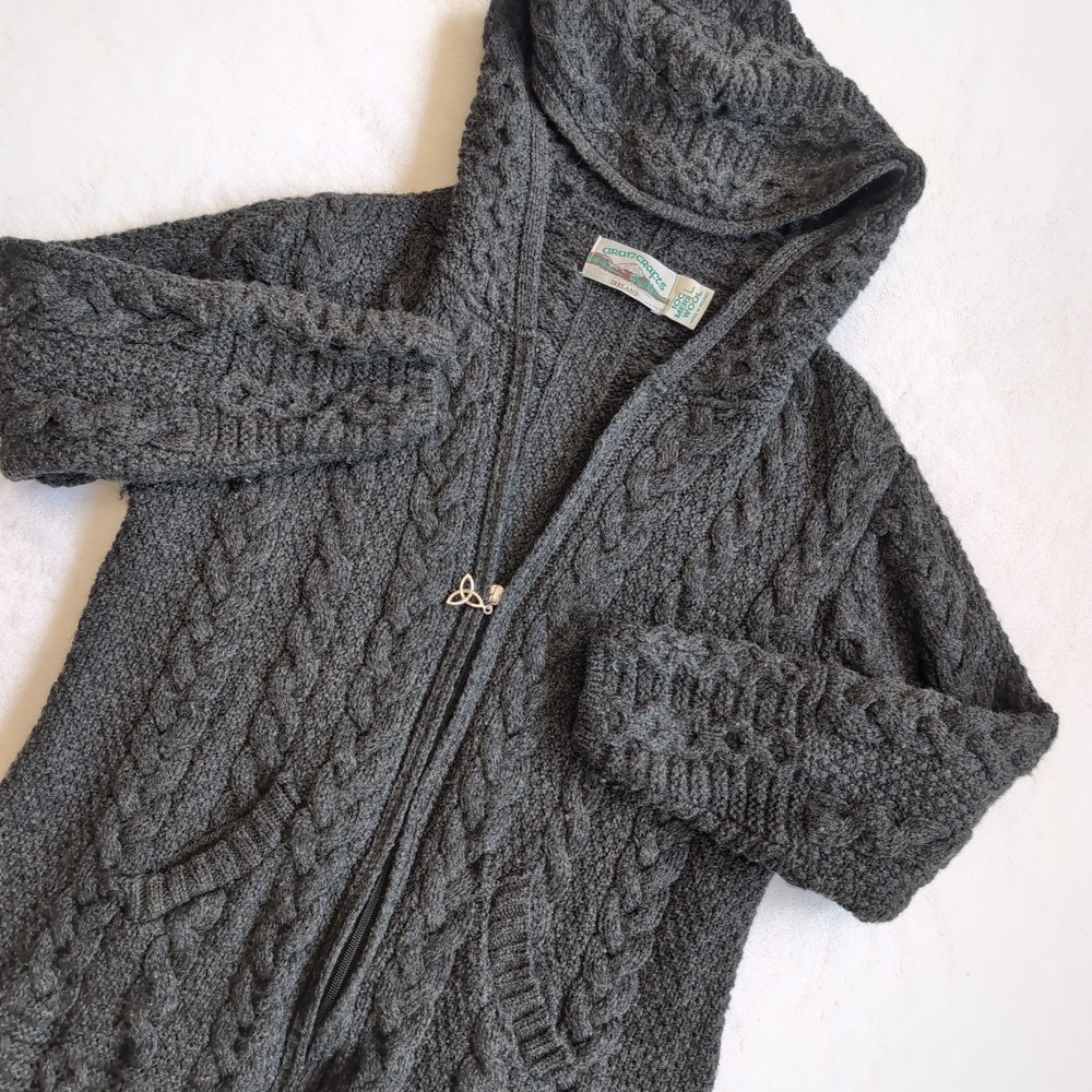 Aran Crafts Ireland Merino Wool Hooded Cardigan Womens Large Cable Knit Full Zip